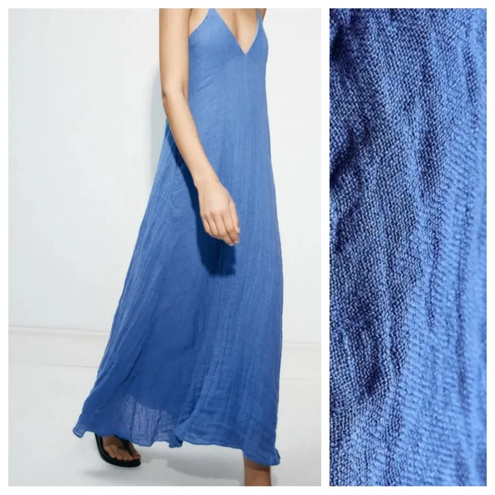NWT Zara Blue Strappy V-Neck Midi Dress